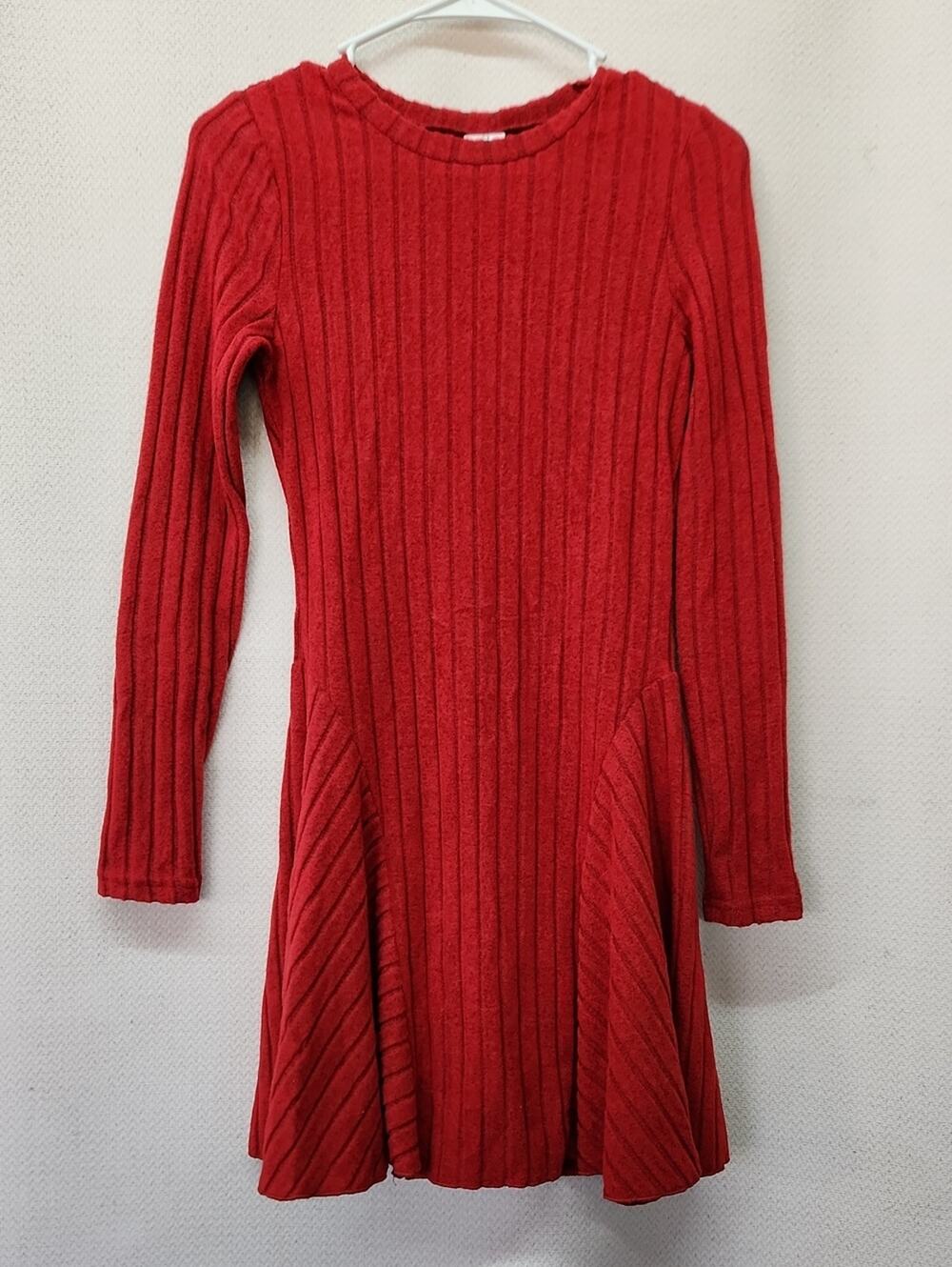 Red Ribbed Long Sleeve Knit Dress